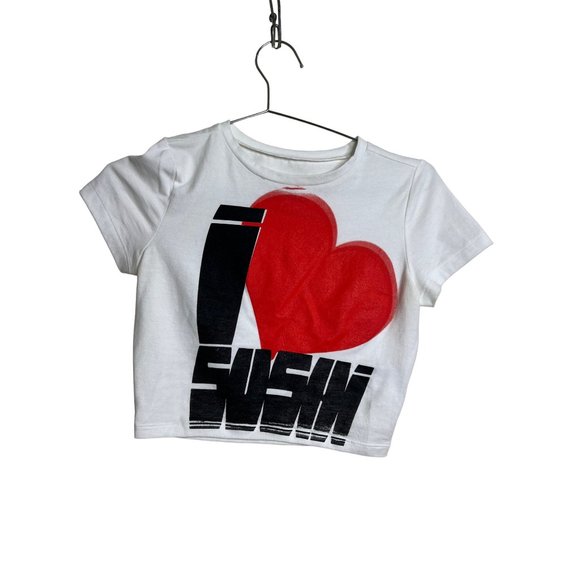 Wild Fable Shirt Womens XS White I Love Sushi Cropped Crewneck Tee Casual - Picture 2 of 5